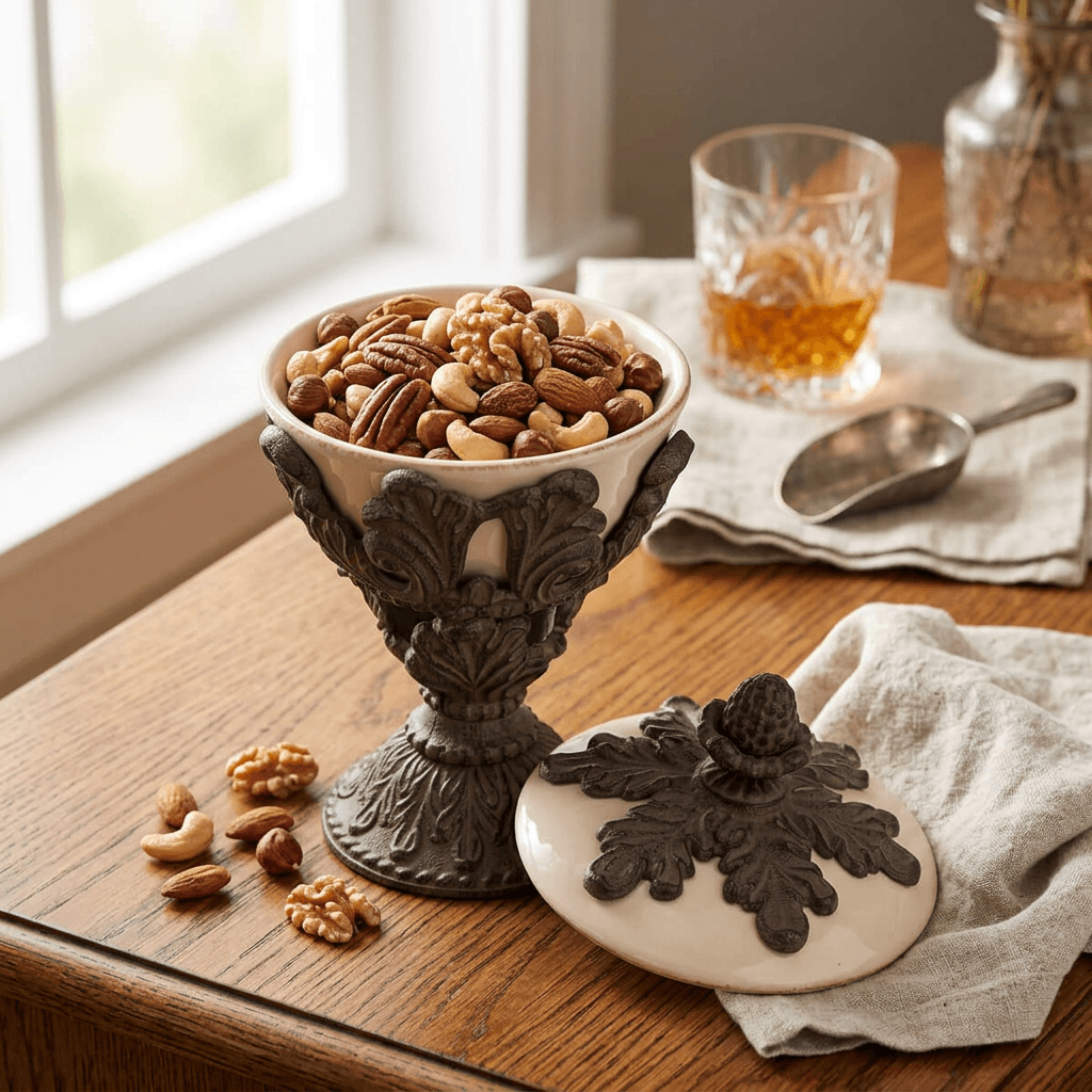 Bellavita Stoneware Lidded Nut Bowl filled with mixed nuts on an oak sideboard, its leaf-topped lid resting beside it on a linen cloth