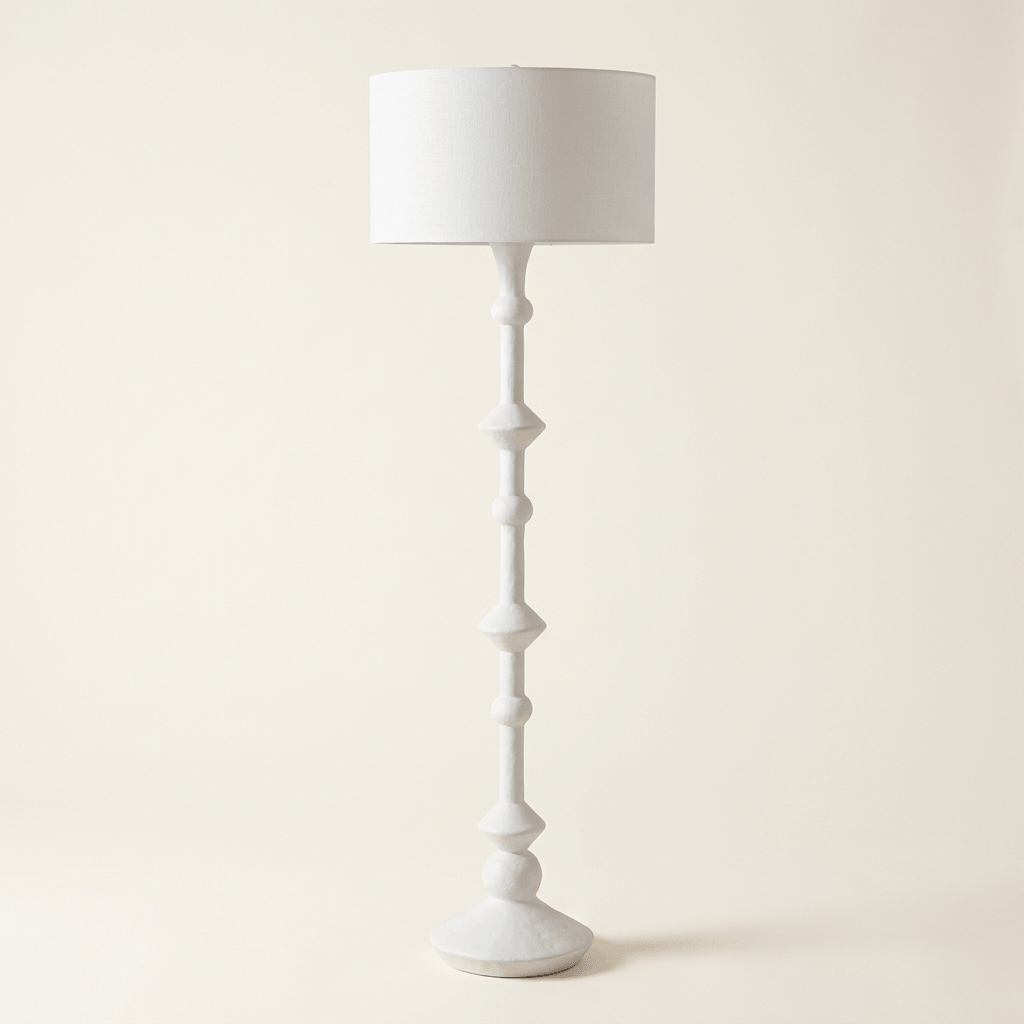 Square studio image of Elara white sculptural floor lamp with linen shade