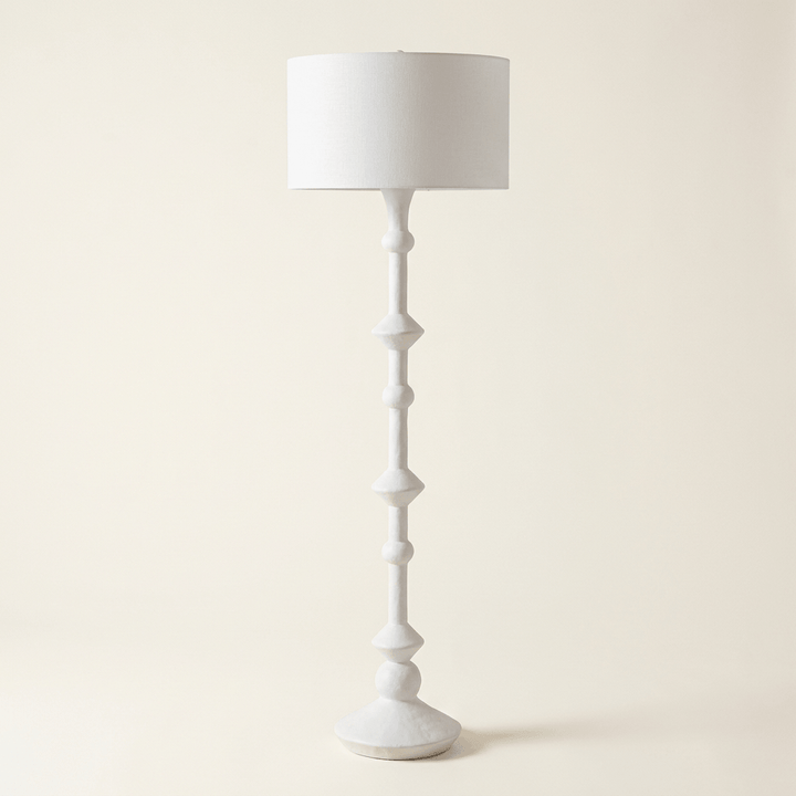 Square studio image of Elara white sculptural floor lamp with linen shade