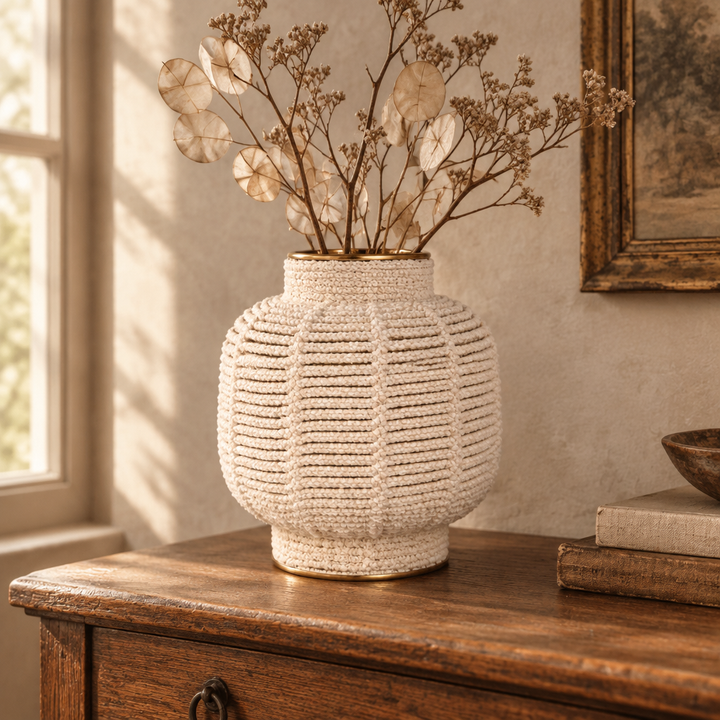 White macrame brass-finish vase styled with dried branches on an oak console