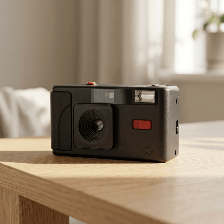 Black reusable 35mm point-and-shoot camera with red controls on a light oak table beside a sunlit window.