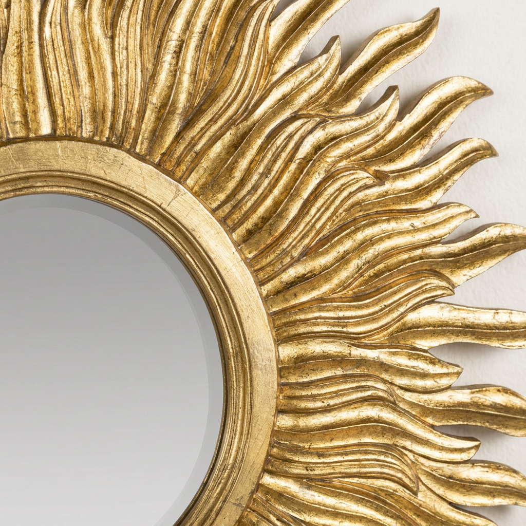 Close-up of the Aurelia Gold Sunburst Wall Mirror showing flowing carved rays and the Lustre Gold frame.