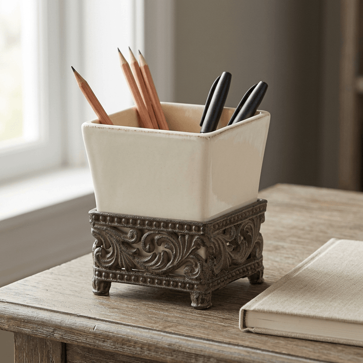 Bellavita cream ceramic pen and pencil holder filled with writing tools on a table near a window