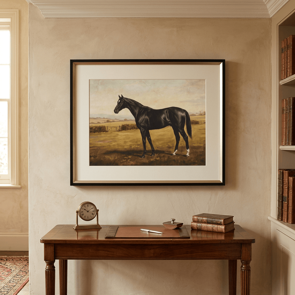 Single black thoroughbred framed horse print displayed above a walnut console in a traditional country-house study.