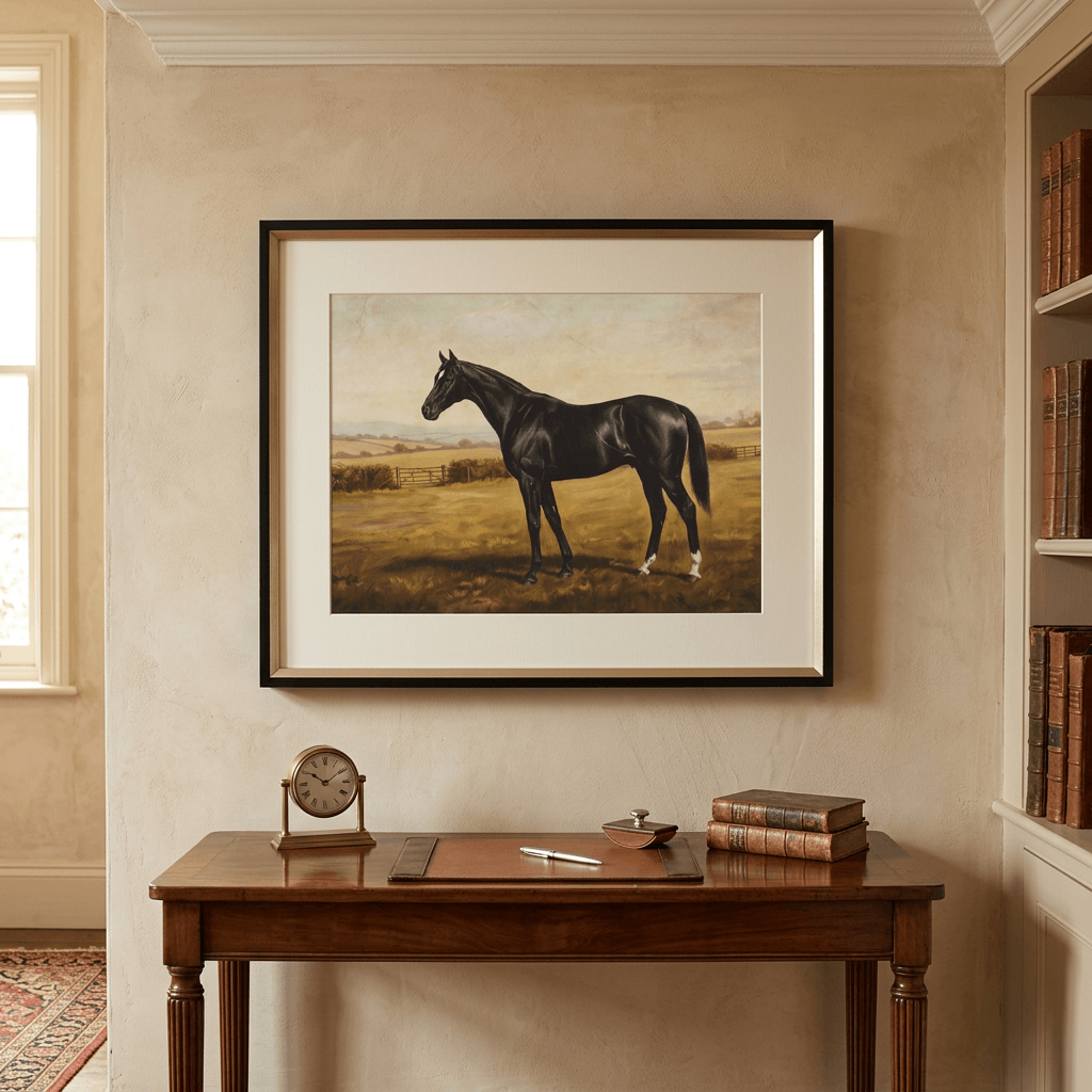 Single black thoroughbred framed horse print displayed above a walnut console in a traditional country-house study.