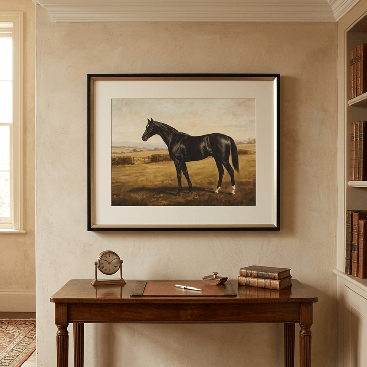 Single black thoroughbred framed horse print displayed above a walnut console in a traditional country-house study.