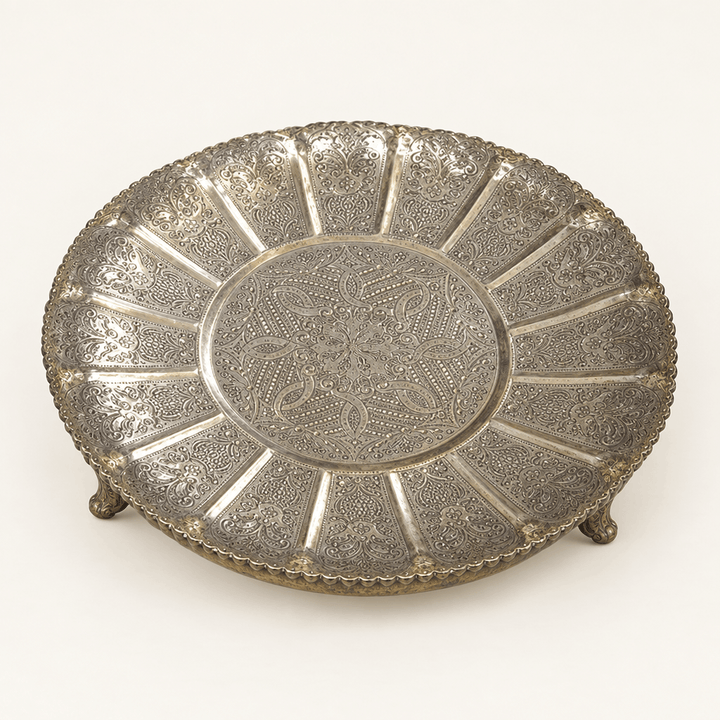 Vintage Moroccan Scalloped Tray showing ornate metalwork on an ivory studio background