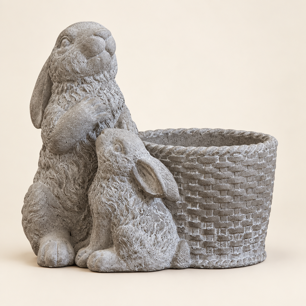 Gray cement double rabbit basket planter on an ivory studio background
