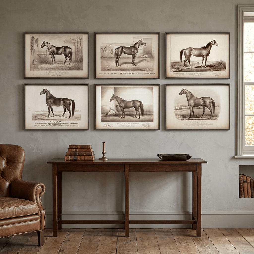 Six framed racehorse portraits displayed as a gallery above a console in a traditional country-house study.