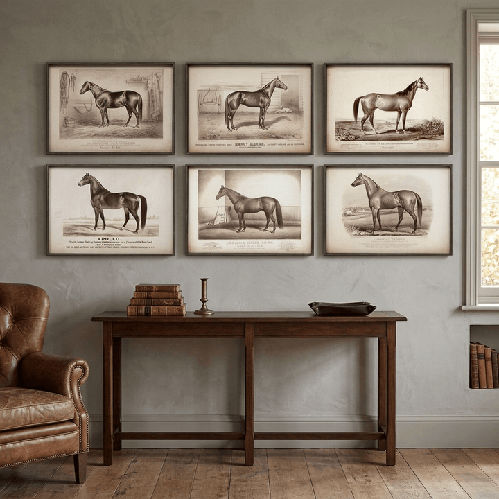 Six framed racehorse portraits displayed as a gallery above a console in a traditional country-house study.