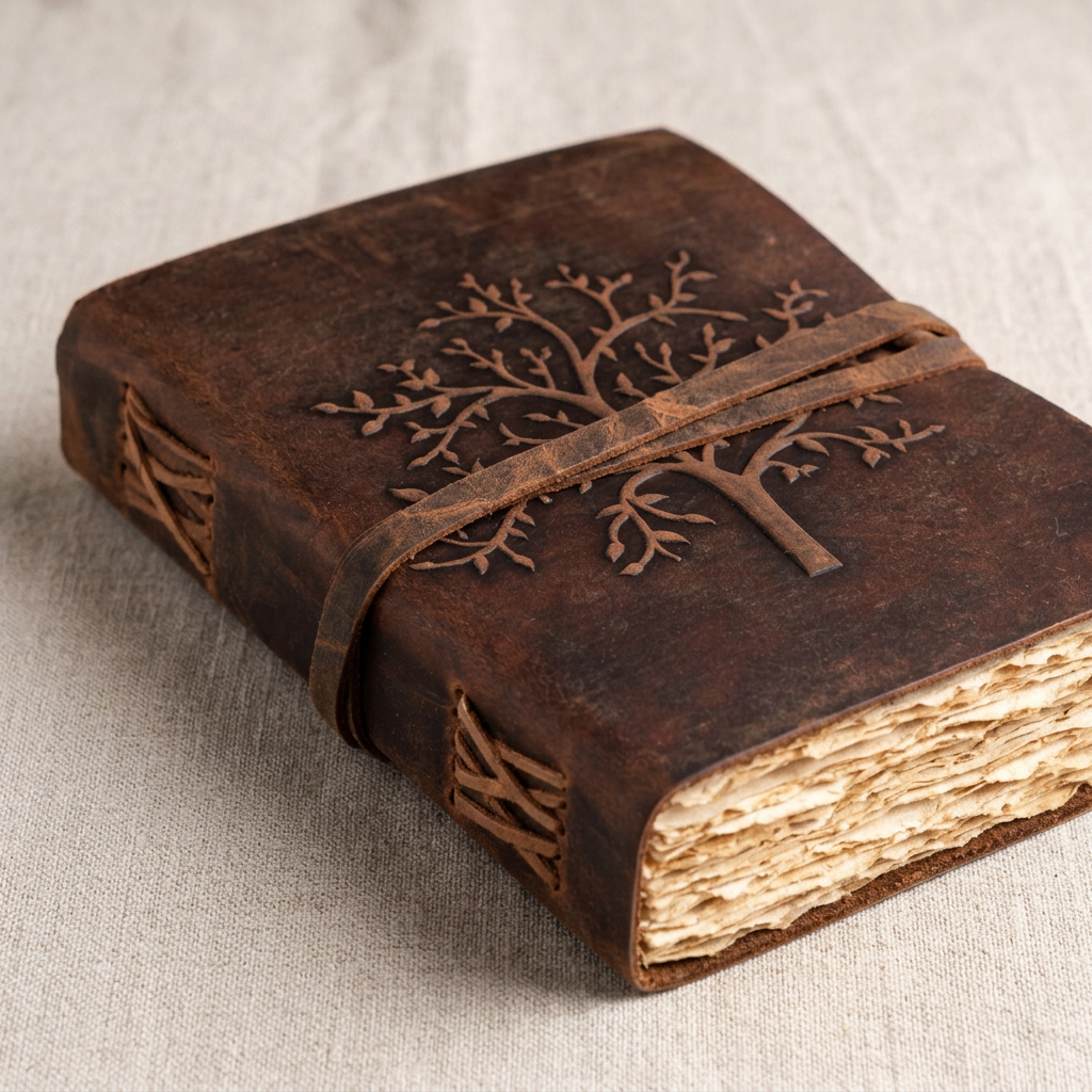 Close detail of Tree of Life embossing, leather wrap strap, stitched spine, and cream page edges