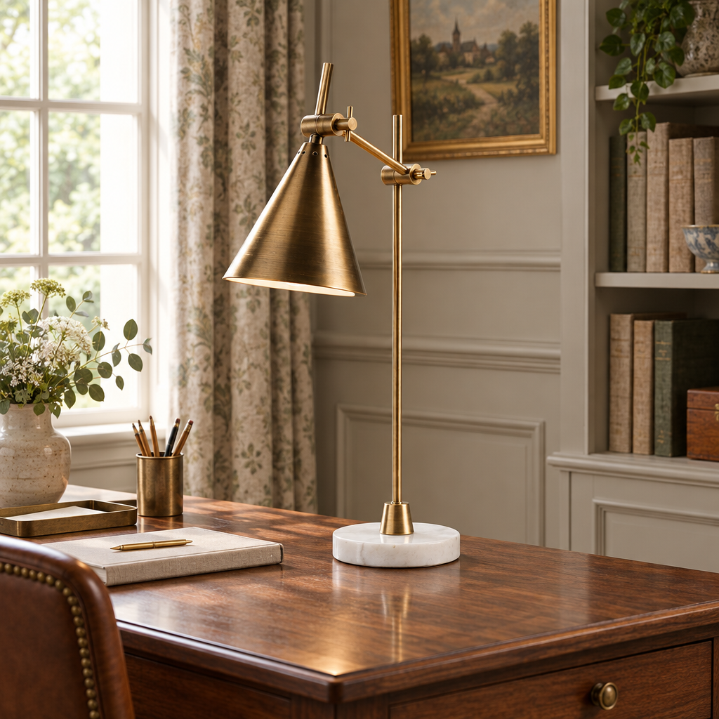 Brass-finish desk lamp with white marble base styled on a walnut writing desk.