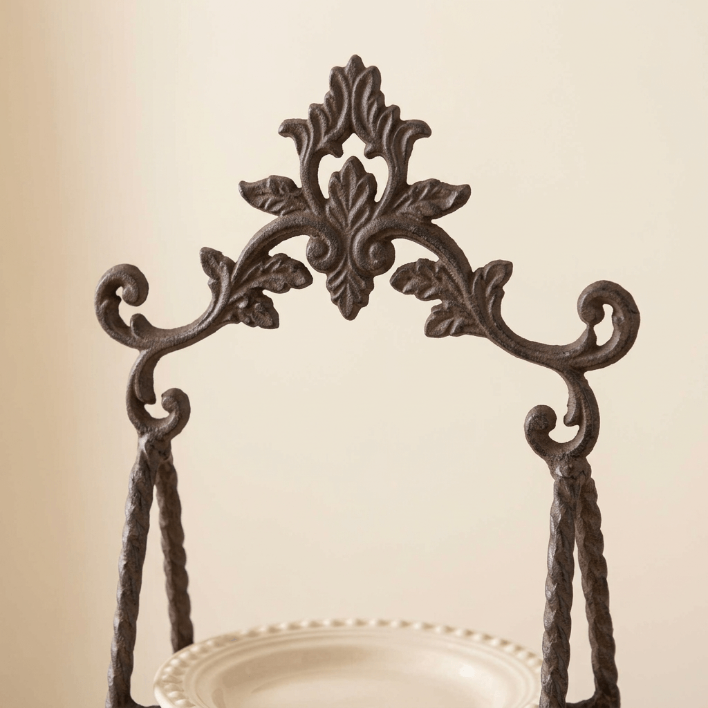 Close-up of the Bellavita serving stand's acanthus crest and twisted metal uprights
