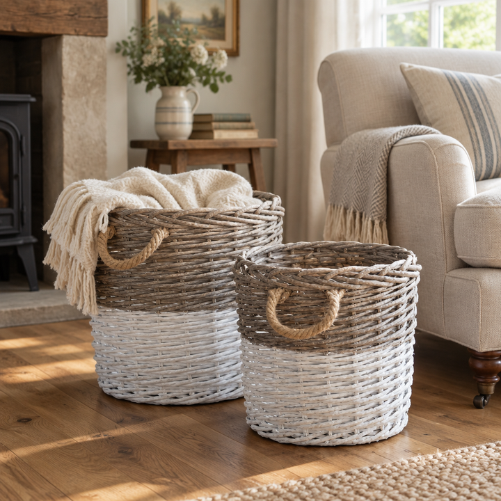 White-Dipped Willow Baskets styled beside a linen armchair