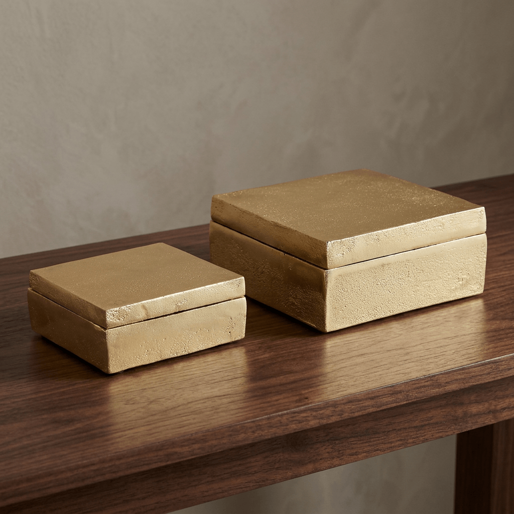 Two closed gold aluminum boxes on a walnut console, highlighting their sand-cast texture and complementary sizes.
