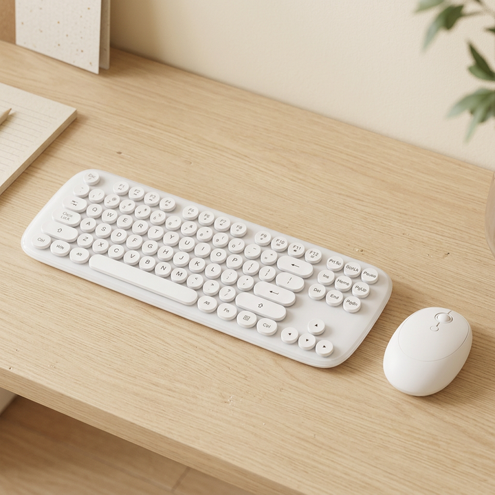 White MOFii round-key wireless keyboard and matching oval mouse styled on a pale oak desk.