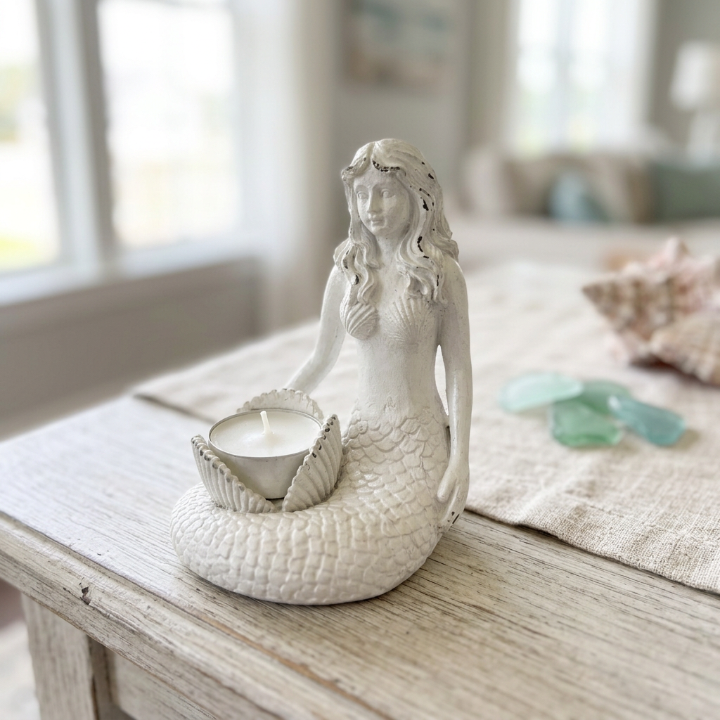 White mermaid candle holder styled on a coastal cottage console