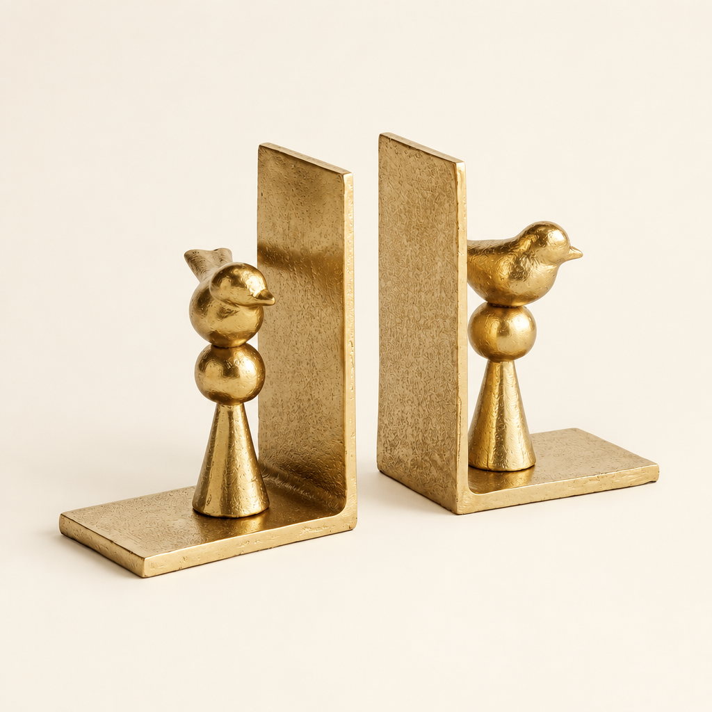 Pair of gold aluminum songbird bookends on an ivory studio background.