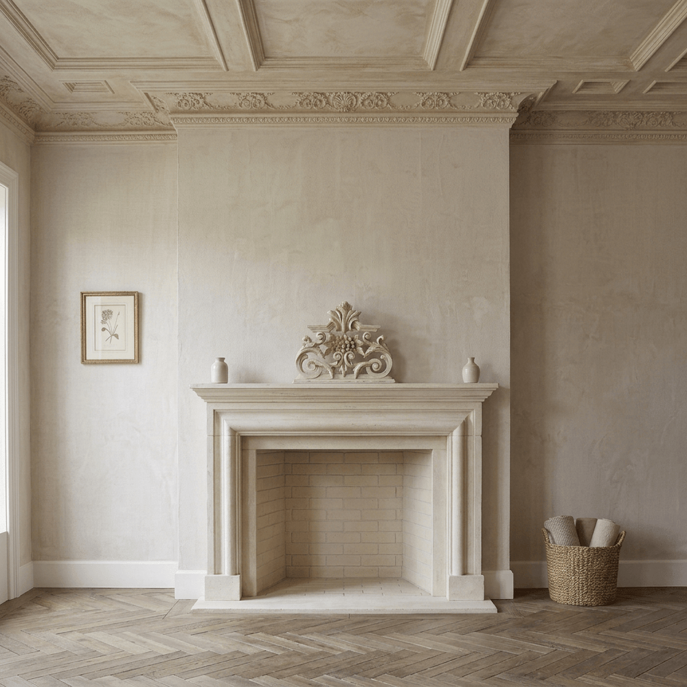 Antique-white floral scroll sculpture displayed at realistic scale in the center of a wide fireplace mantel.