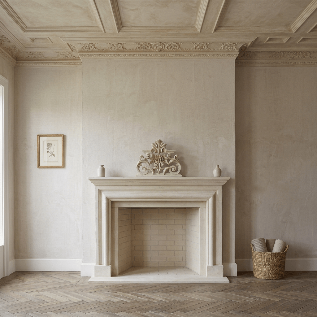 Antique-white floral scroll sculpture displayed at realistic scale in the center of a wide fireplace mantel.