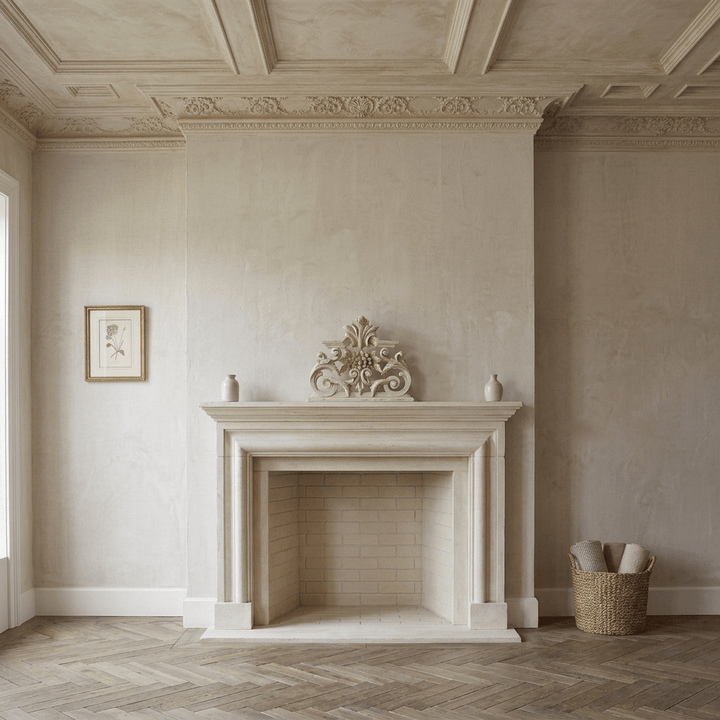 Antique-white floral scroll sculpture displayed at realistic scale in the center of a wide fireplace mantel.