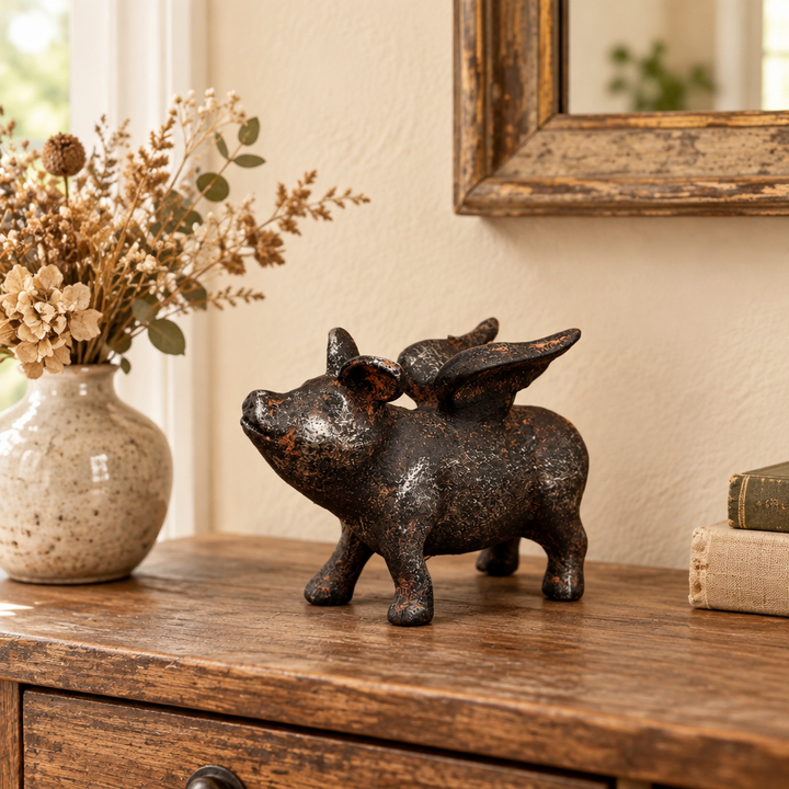 Cast Iron Flying Pig sculpture on a rustic entryway console beside dried flowers