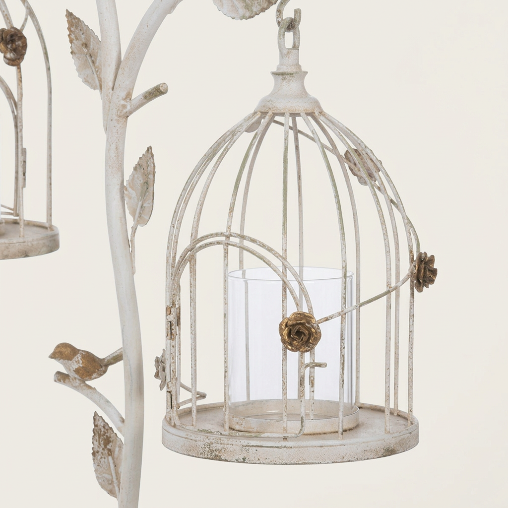Close-up of a domed white iron lantern showing gold rose details, an arched door, and a clear glass candle insert.