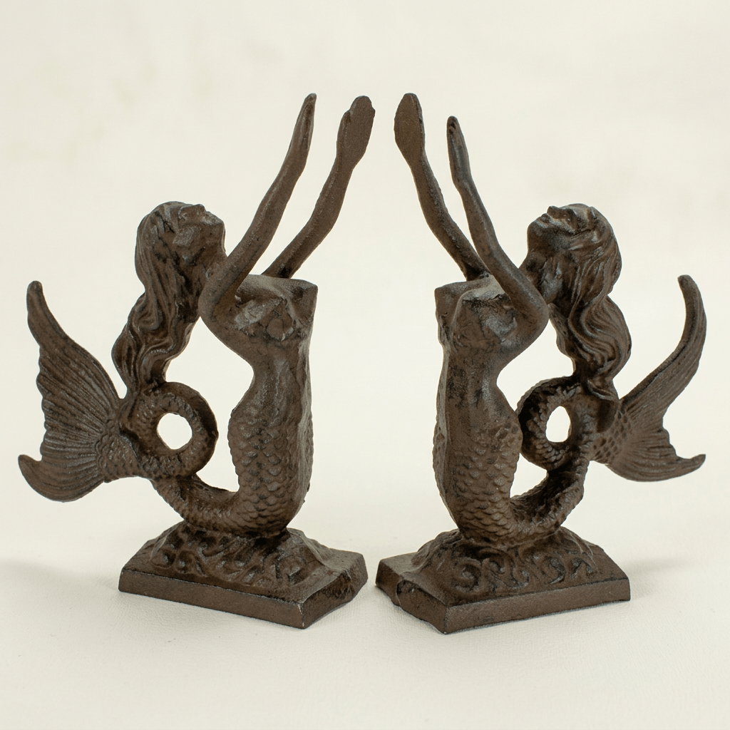 Pair of dark mermaid bookends with raised arms and curled tails on rectangular bases
