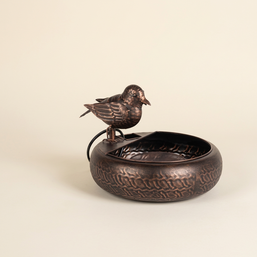 Songbird Folk Art Fountain in black bronze against an ivory studio background