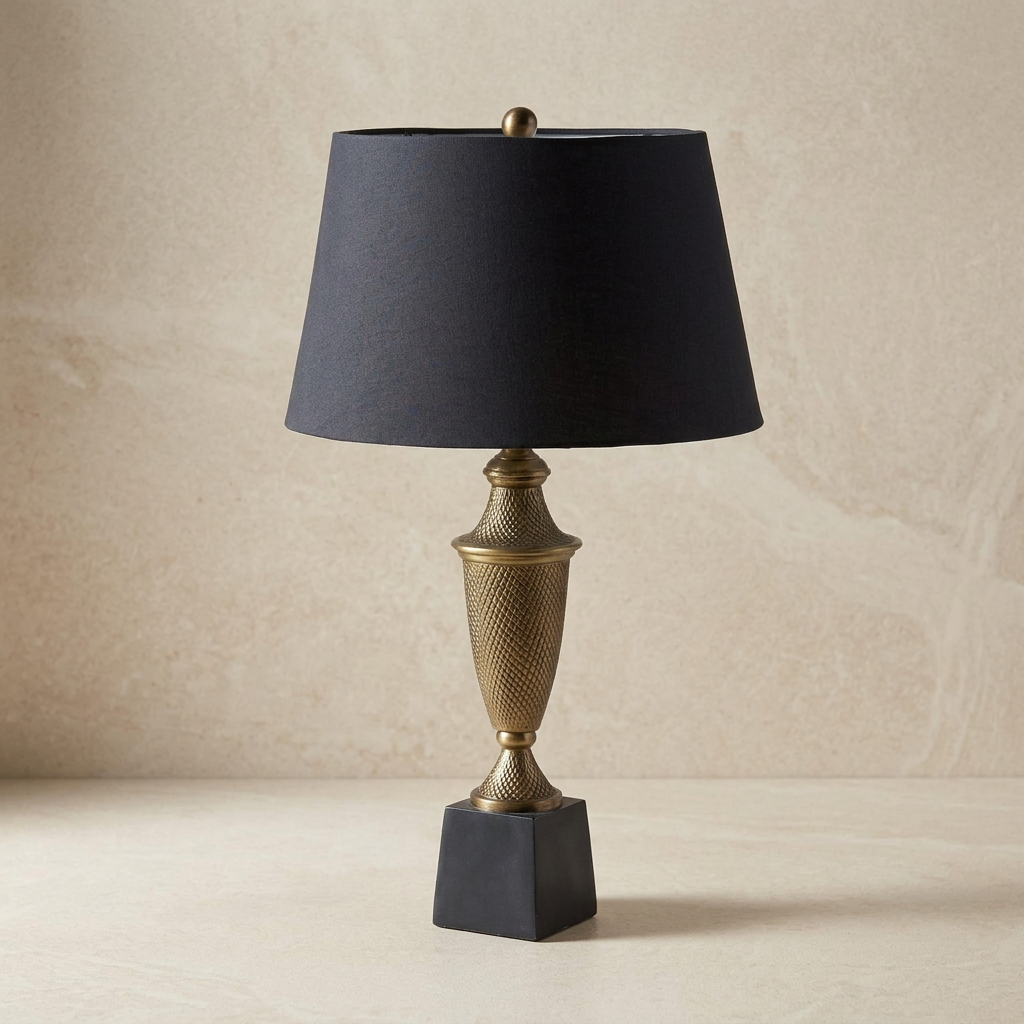 Ashbourne urn table lamp showing its textured antique brass-finish body, black base, and tapered black shade against a neutral studio backdrop.