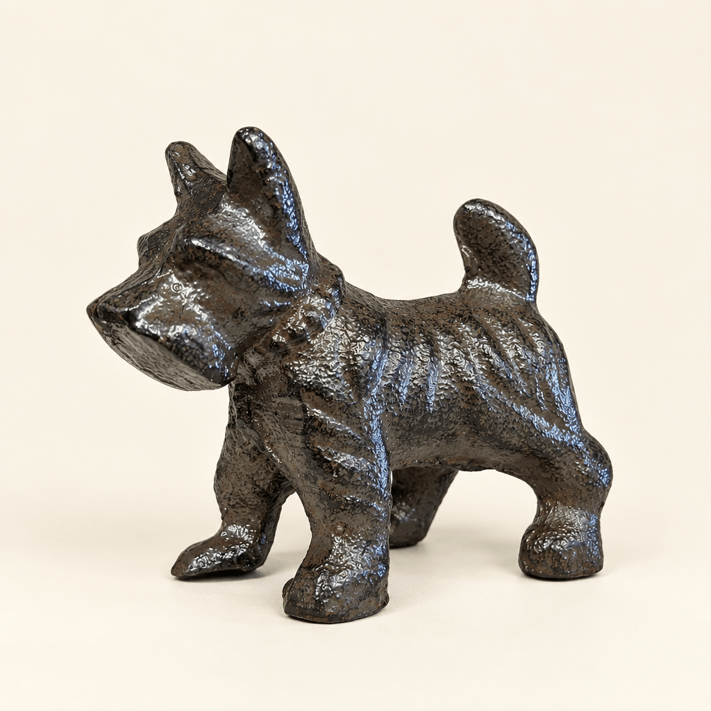 Dark textured cast iron schnauzer figurine on an ivory studio backdrop.
