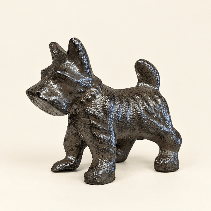 Dark textured cast iron schnauzer figurine on an ivory studio backdrop.
