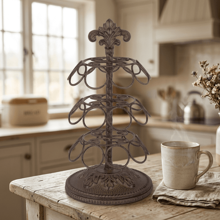 Bellavita Coffee Pod Carousel on a rustic wood kitchen counter beside a cream stoneware mug in a sunlit farmhouse kitchen