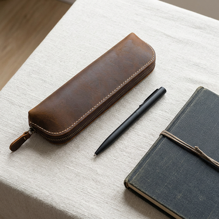 Brown leather pencil case arranged on pale linen beside a separate black pen and notebook.
