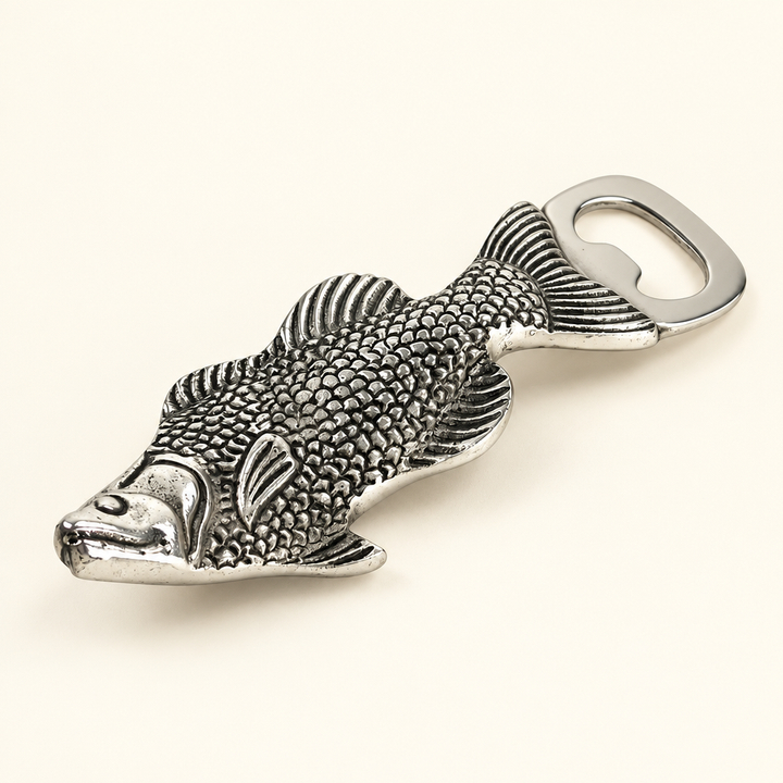 Silver-toned Metal Fish Bottle Opener on an ivory studio background