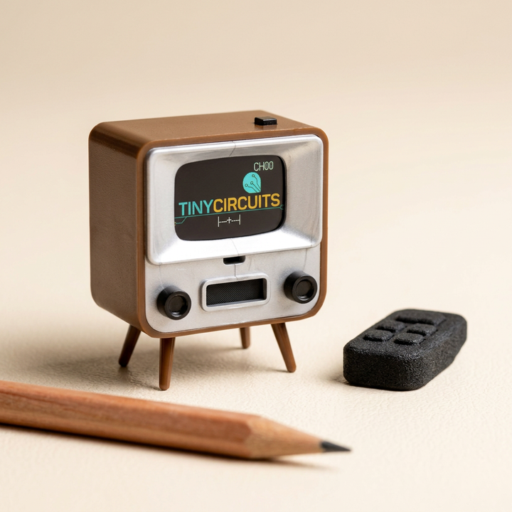 Brown TinyTV 2 miniature television with silver-white face and included black remote on a cream tabletop.