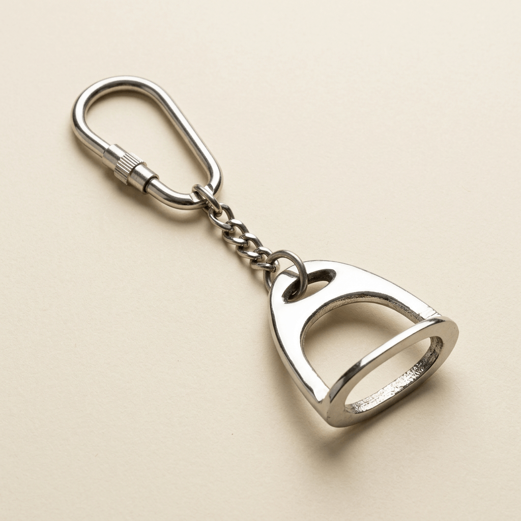 Polished silver-tone English stirrup keychain with short link chain and screw-lock ring on an ivory background.