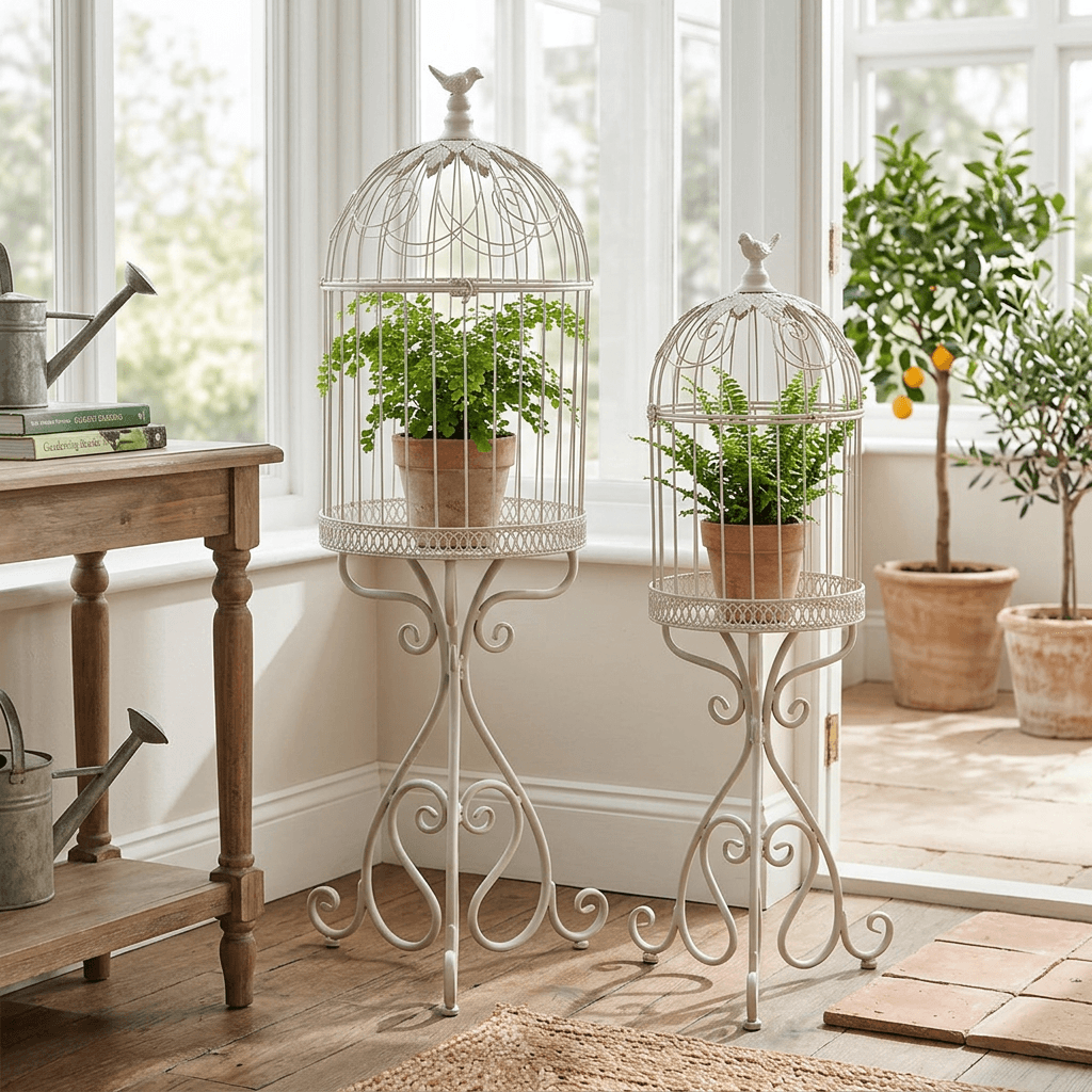 Soft-white birdcage planter pair holding separately potted ferns beside a sunroom window.