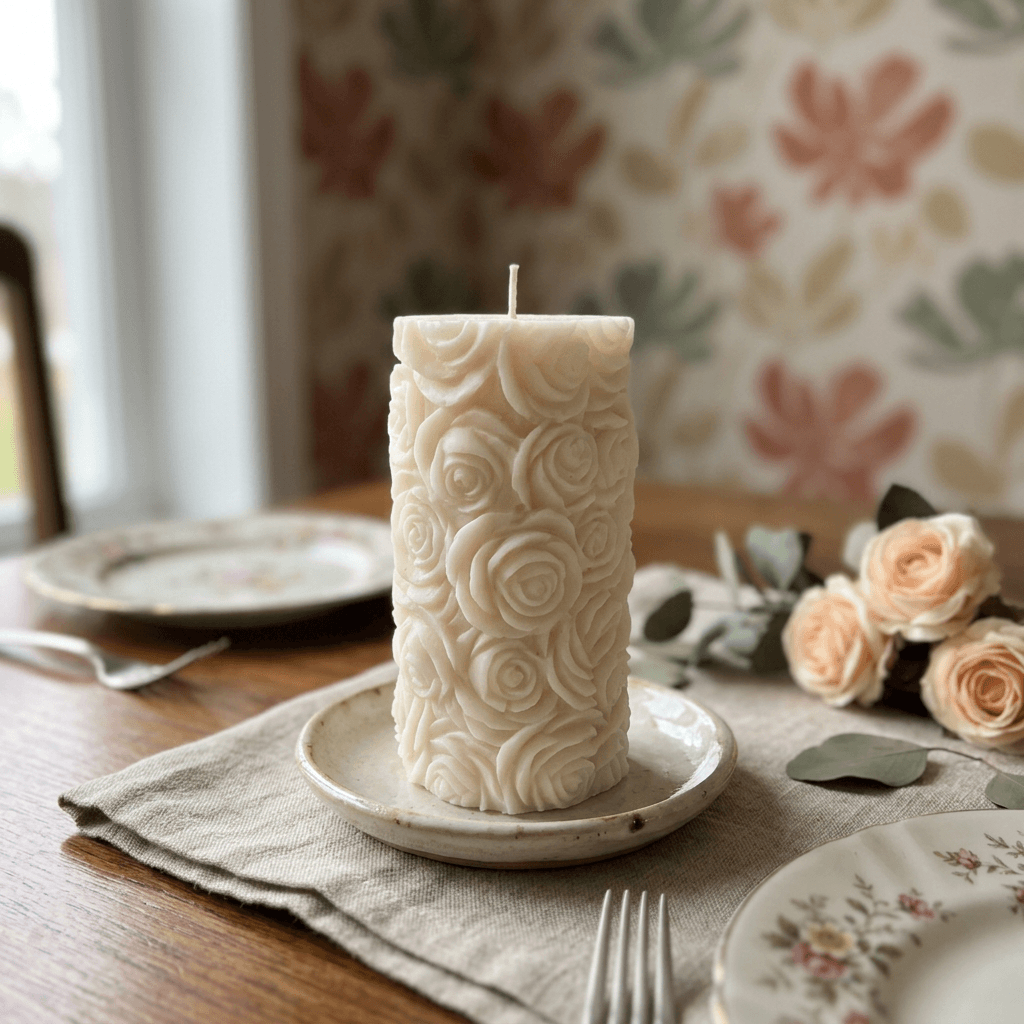 Ivory rose pillar candle on a ceramic dish in a romantic table setting with linen and vintage china.