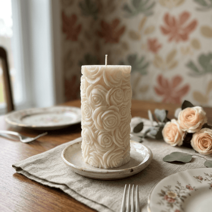 Ivory rose pillar candle on a ceramic dish in a romantic table setting with linen and vintage china.