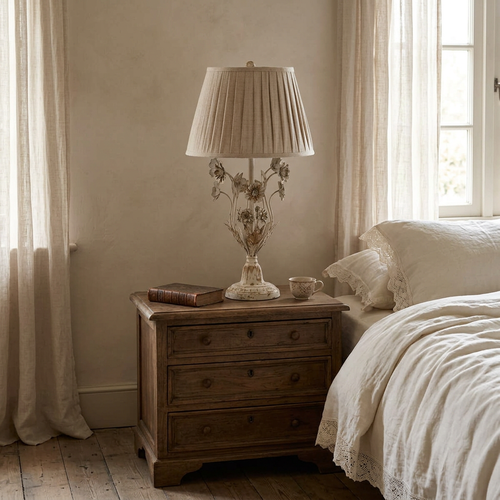 Antique White Floral Table Lamp styled on a wooden bedside chest beside ivory bedding in a sunlit cottage bedroom.