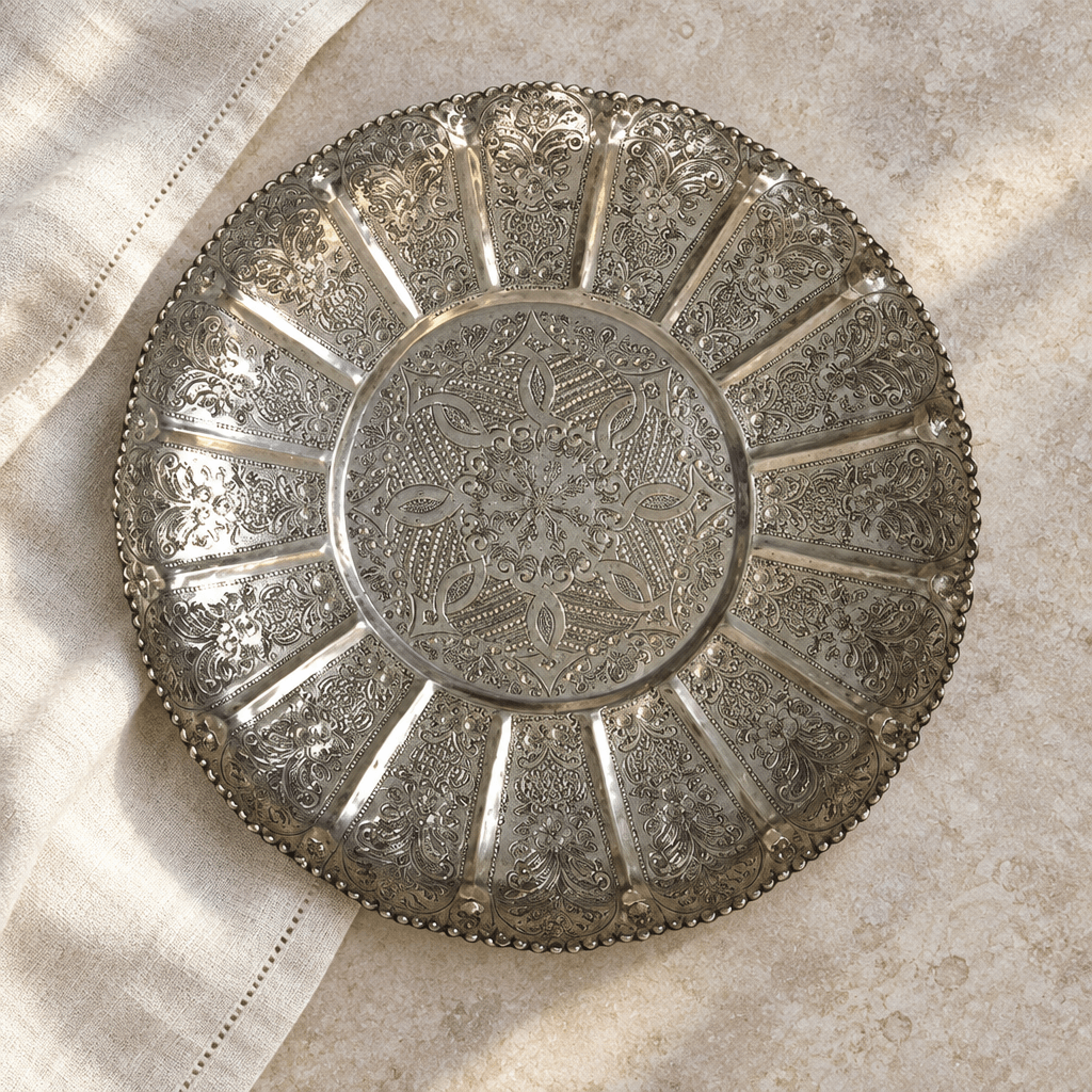 Overhead view of Vintage Moroccan Scalloped Tray showing its engraved pattern and fluted edge