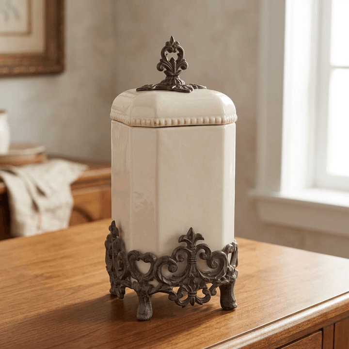 Bellavita tall cream stoneware canister, 16-inch option, with fleur-de-lis metal base on a wood sideboard.