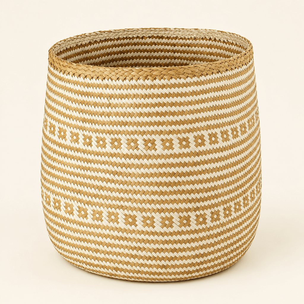 White patterned natural seagrass storage basket on a warm ivory studio background.