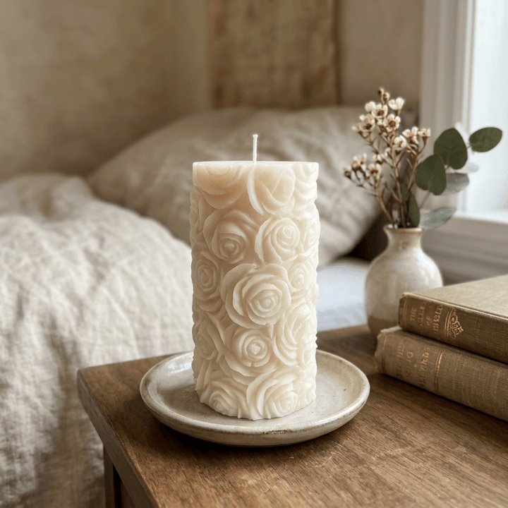 Ivory sculpted rose pillar candle on a ceramic dish beside linen bedding and a book.