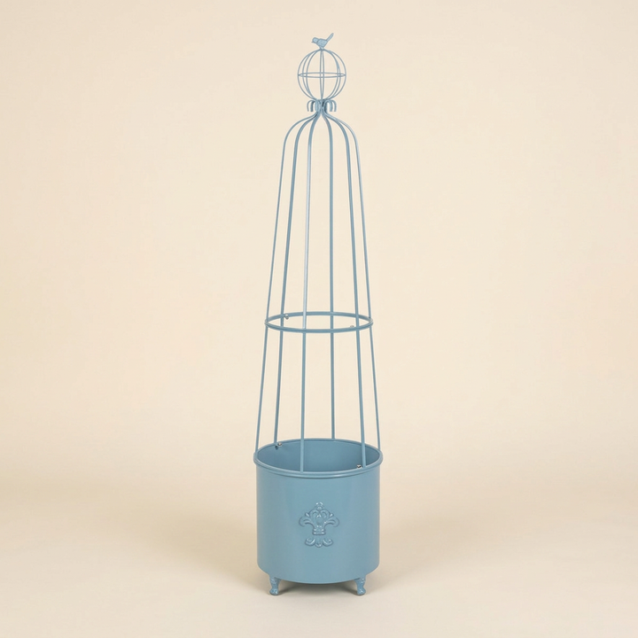 Provence Blue Fleur-de-Lis Garden Planter Obelisk on an ivory studio background