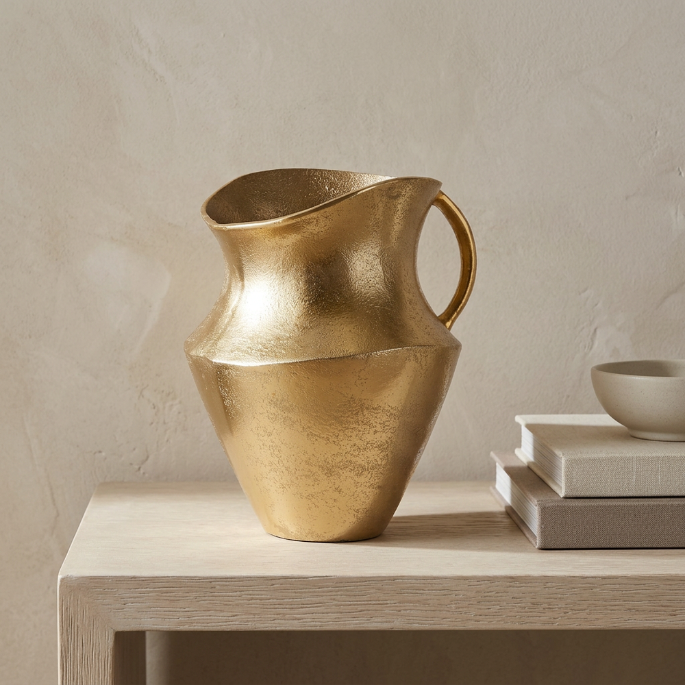 Gold cast aluminum decorative pitcher styled on a pale oak console in a neutral interior.