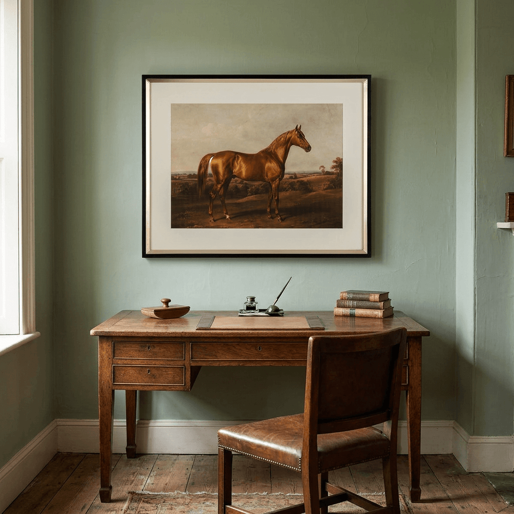 Single chestnut horse print displayed above a writing desk in a traditional study.