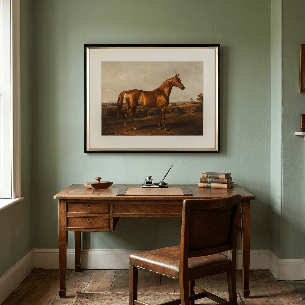 Single chestnut horse print displayed above a writing desk in a traditional study.
