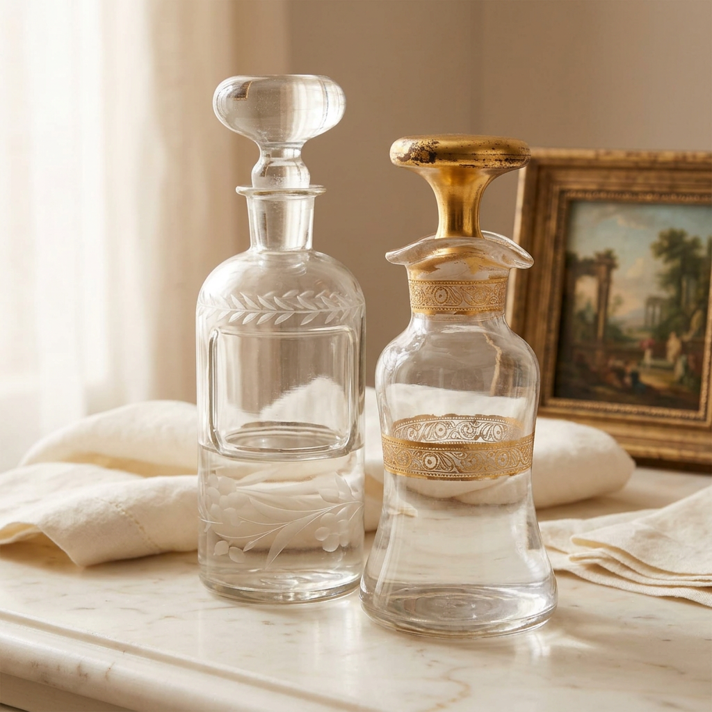 Two antique Victorian rose water bottles with clear and gold-decorated stoppers styled on a pale marble dressing table.